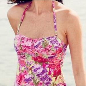 NWT Garnet Hill Tankini Top Swim Floral 16 Retro Ruched Halter